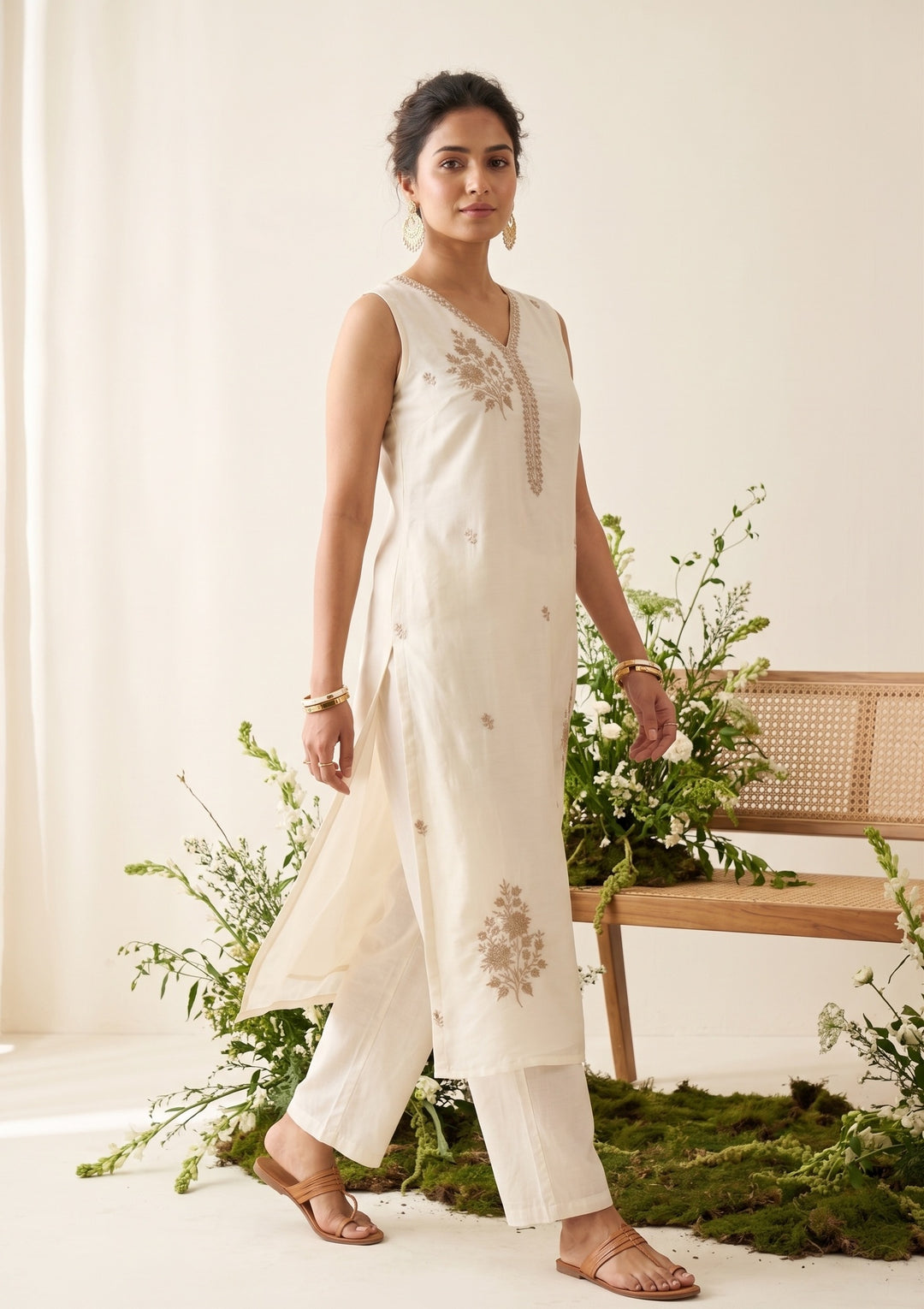 Off White Chanderi Gold Zariwork Straight Kurta With Pant Regular And Dupatta