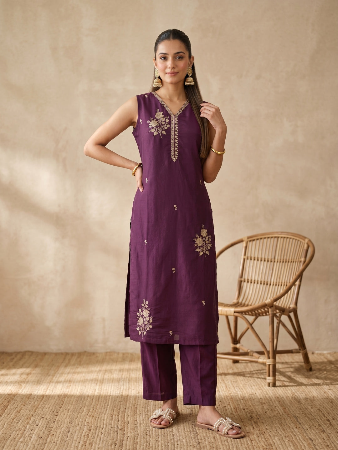 Wine Zariwork (Gold) Chanderi Readymade Salwar Suit
