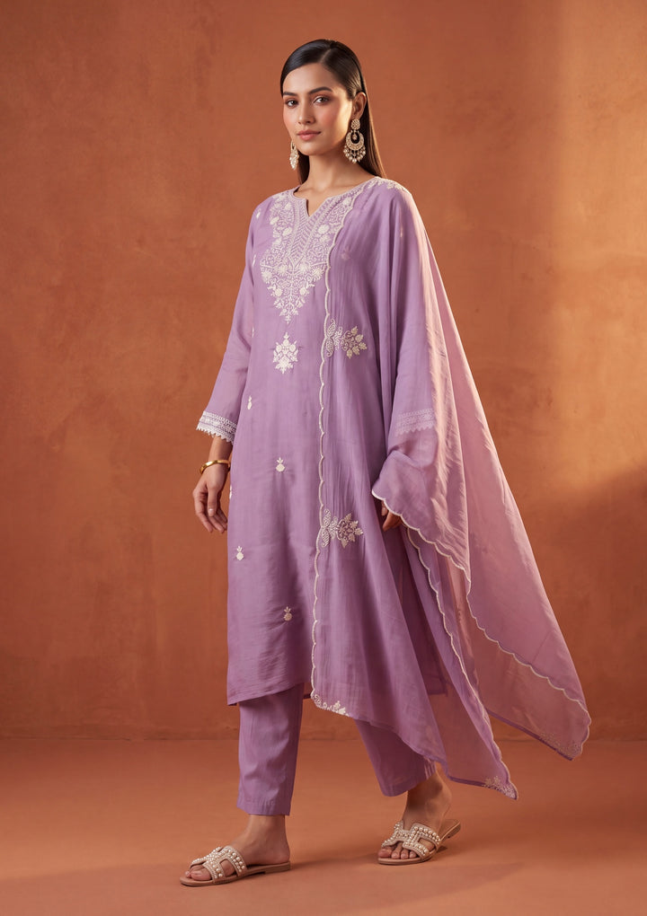 Mauve Threadwork Chanderi Readymade Salwar Suit