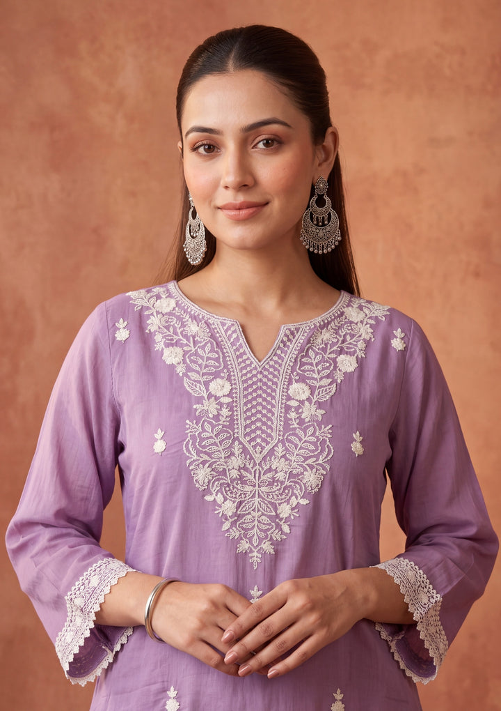 Mauve Threadwork Chanderi Readymade Salwar Suit