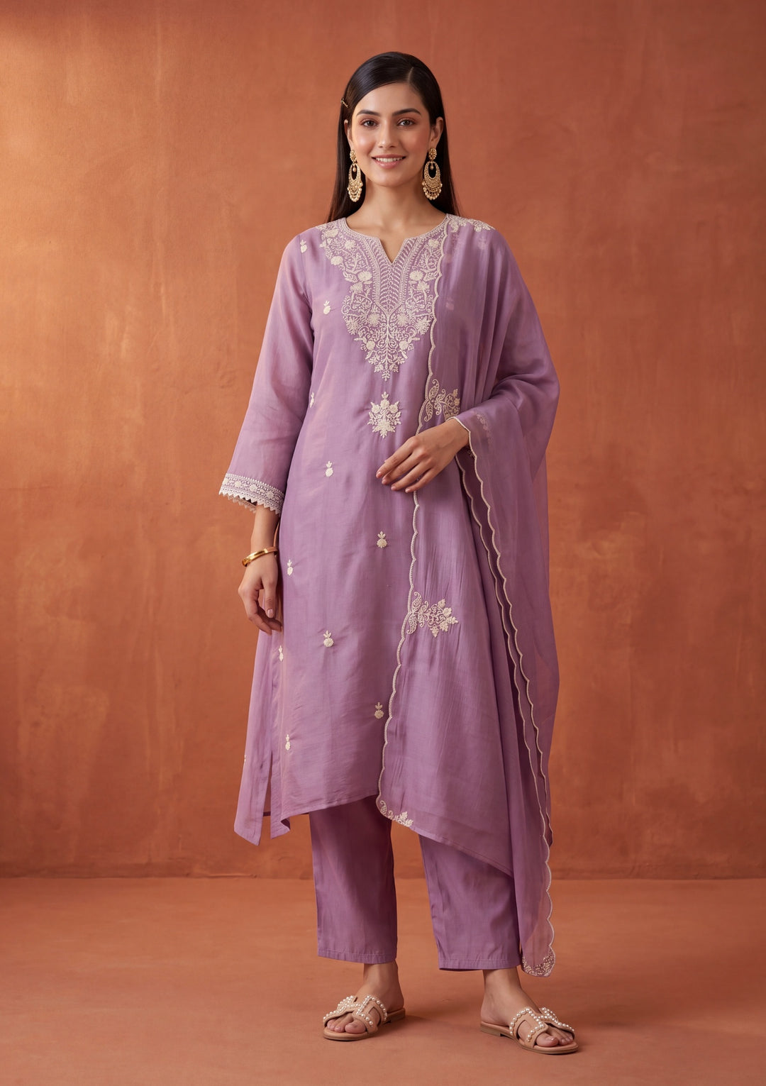 Mauve Threadwork Chanderi Readymade Salwar Suit