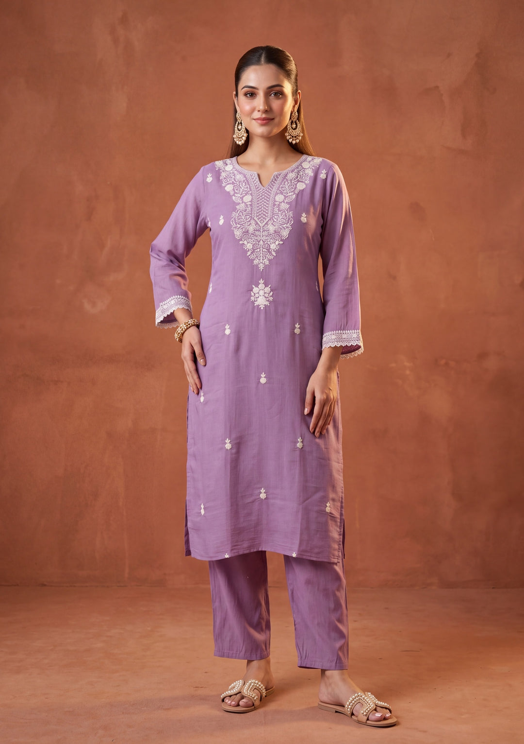 Mauve Threadwork Chanderi Readymade Salwar Suit