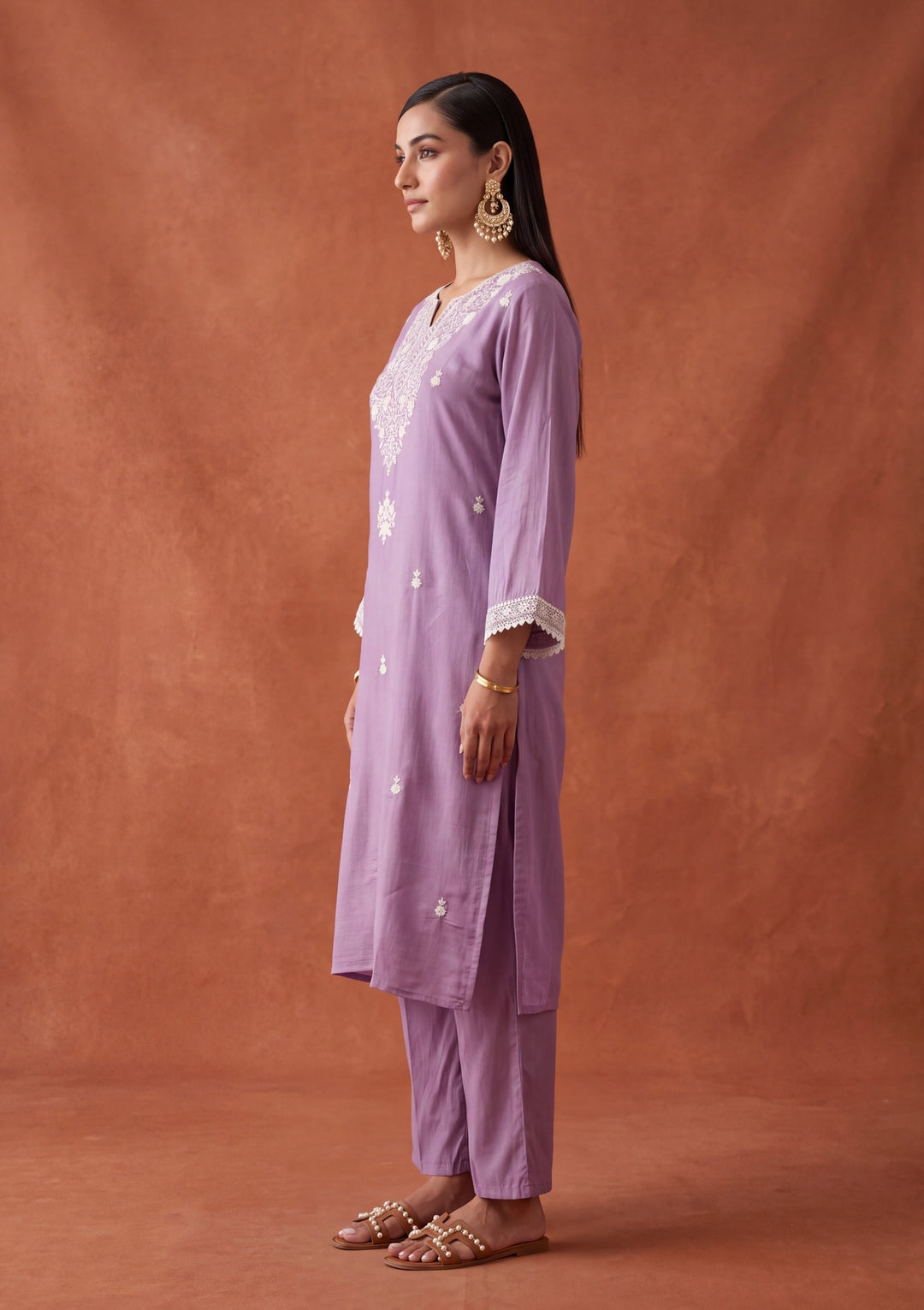 Mauve Threadwork Chanderi Readymade Salwar Suit