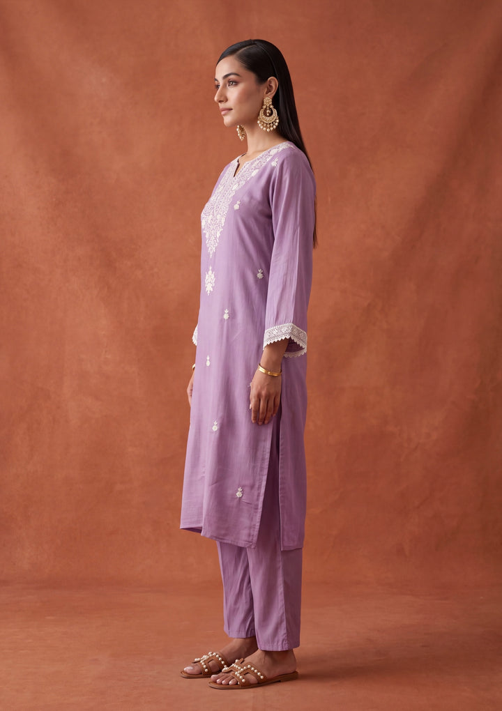 Mauve Threadwork Chanderi Readymade Salwar Suit