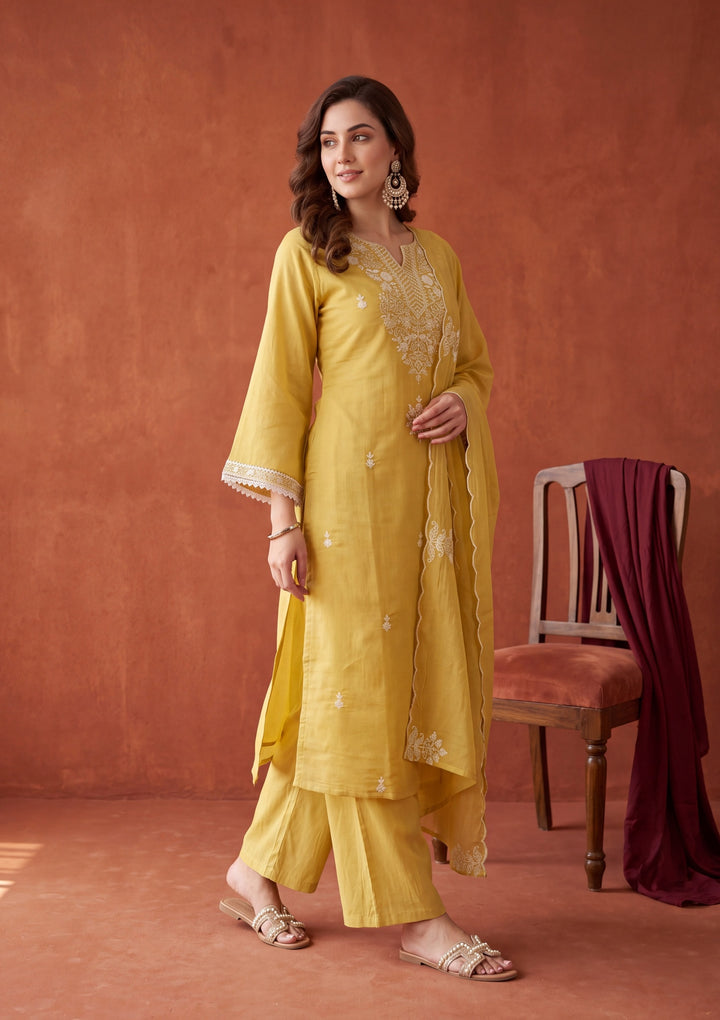 Yellow Chanderi Threadwork Straight Kurta With Pant Regular And Dupatta