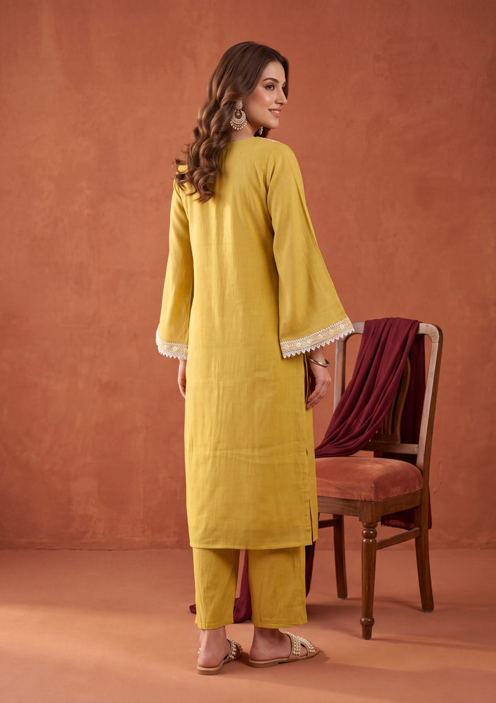 Yellow Chanderi Threadwork Straight Kurta With Pant Regular And Dupatta