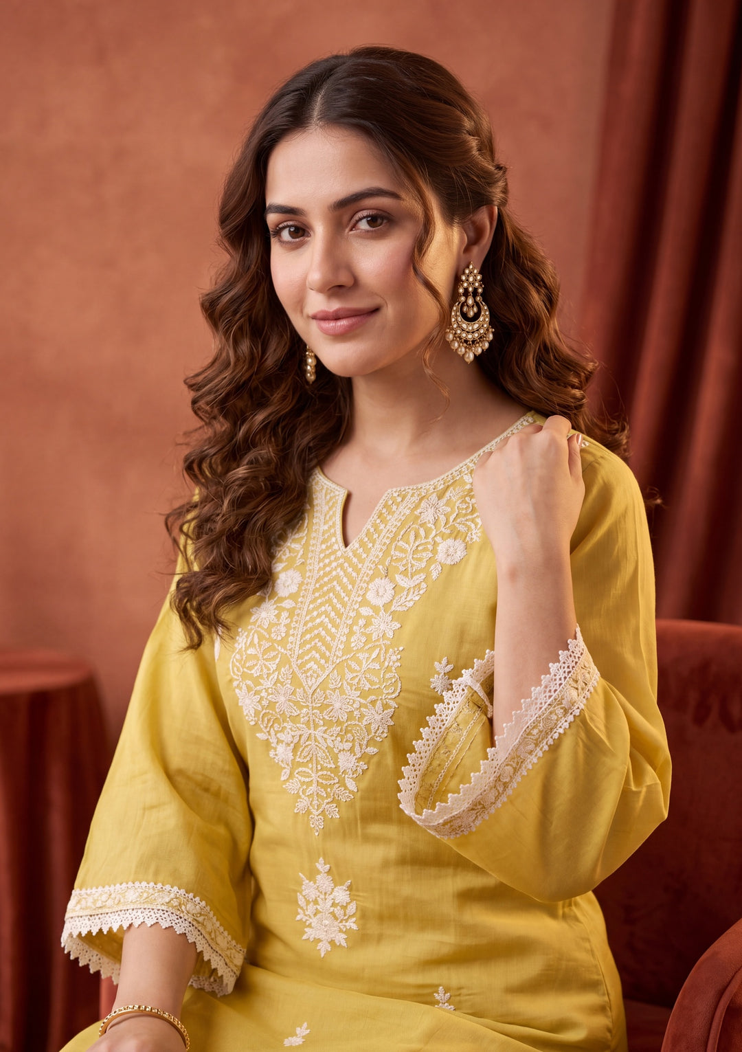 Yellow Chanderi Threadwork Straight Kurta With Pant Regular And Dupatta