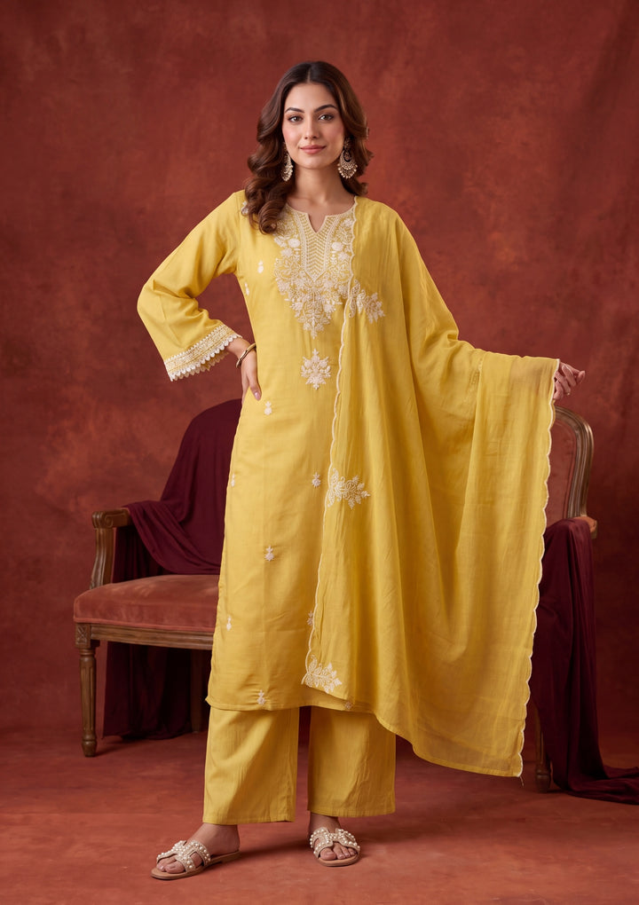 Yellow Chanderi Threadwork Straight Kurta With Pant Regular And Dupatta