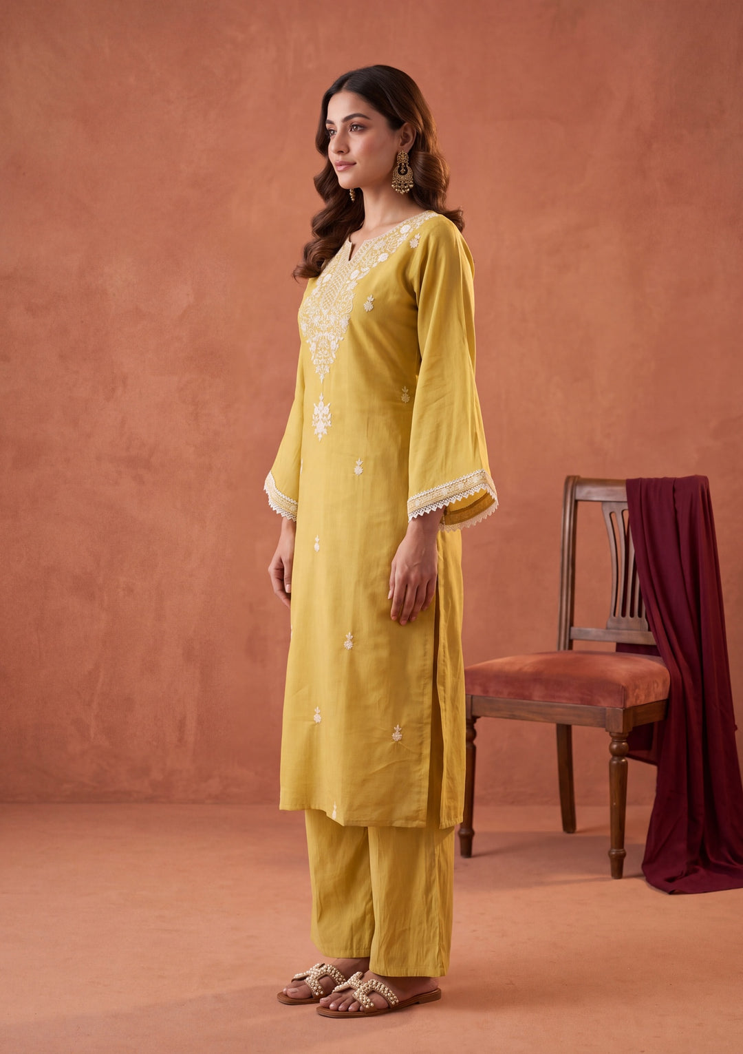 Yellow Chanderi Threadwork Straight Kurta With Pant Regular And Dupatta