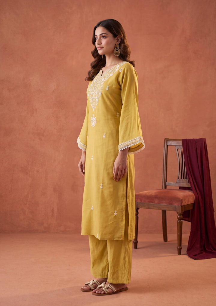 Yellow Chanderi Threadwork Straight Kurta With Pant Regular And Dupatta