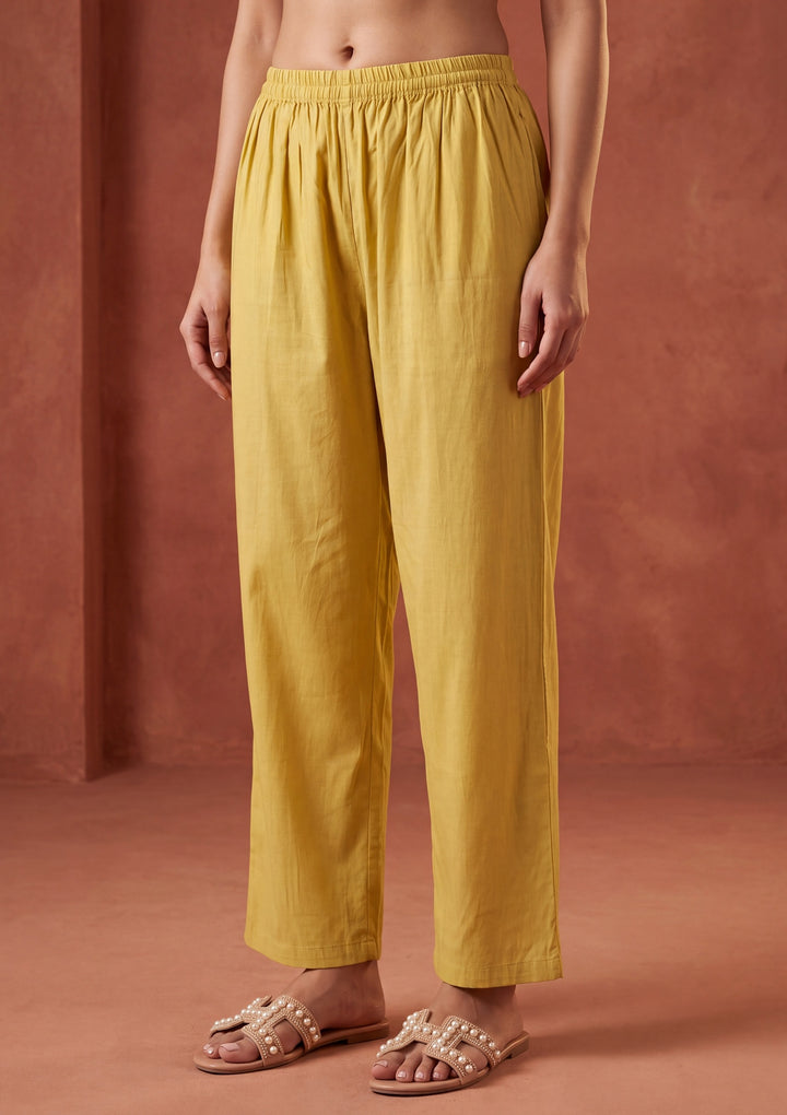 Yellow Chanderi Threadwork Straight Kurta With Pant Regular And Dupatta