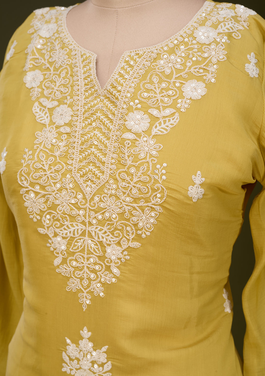 Yellow Chanderi Threadwork Straight Kurta With Pant Regular And Dupatta