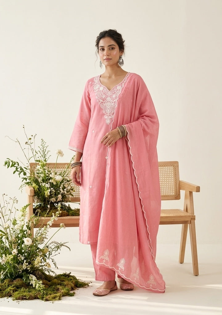 Gajari Pink Chanderi Threadwork Straight Kurta With Pant Regular And Dupatta