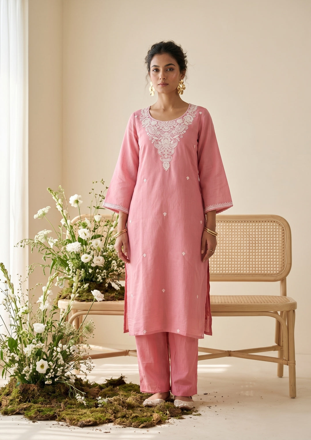 Gajari Pink Chanderi Threadwork Straight Kurta With Pant Regular And Dupatta