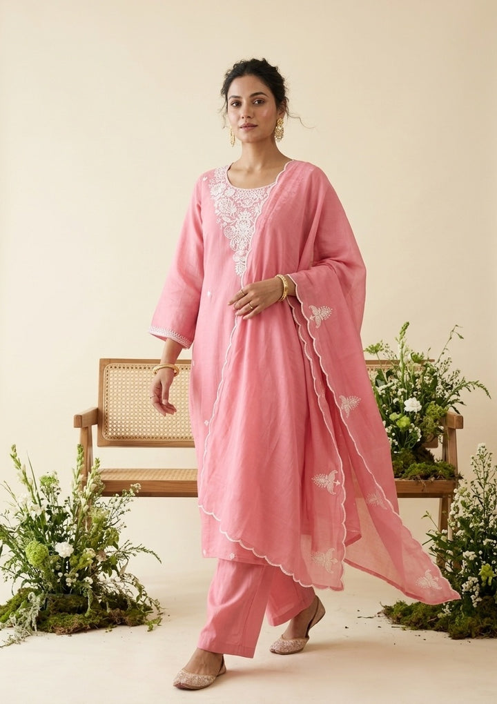 Gajari Pink Chanderi Threadwork Straight Kurta With Pant Regular And Dupatta