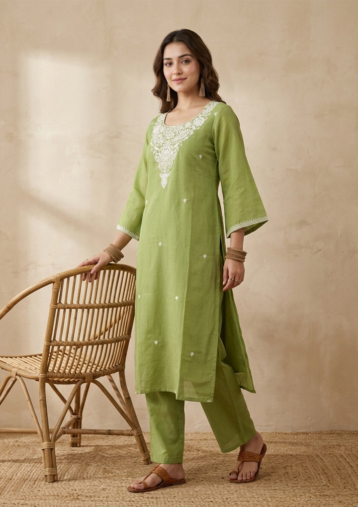 Pista Green Threadwork Chanderi Readymade Salwar Suit