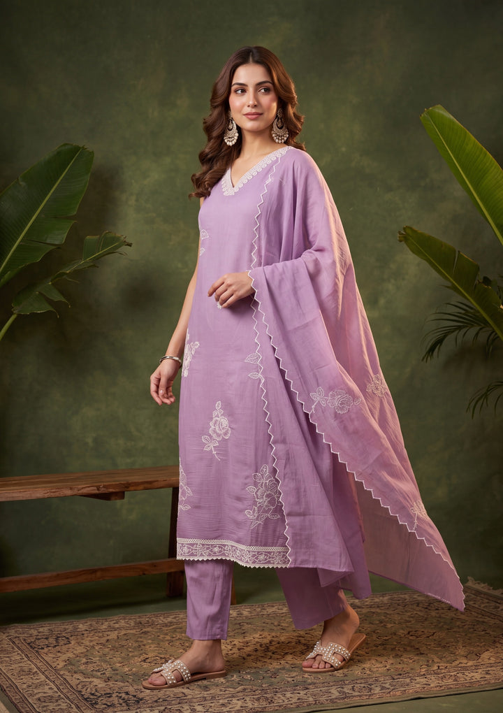 Mauve Threadwork Chanderi Readymade Salwar Suit