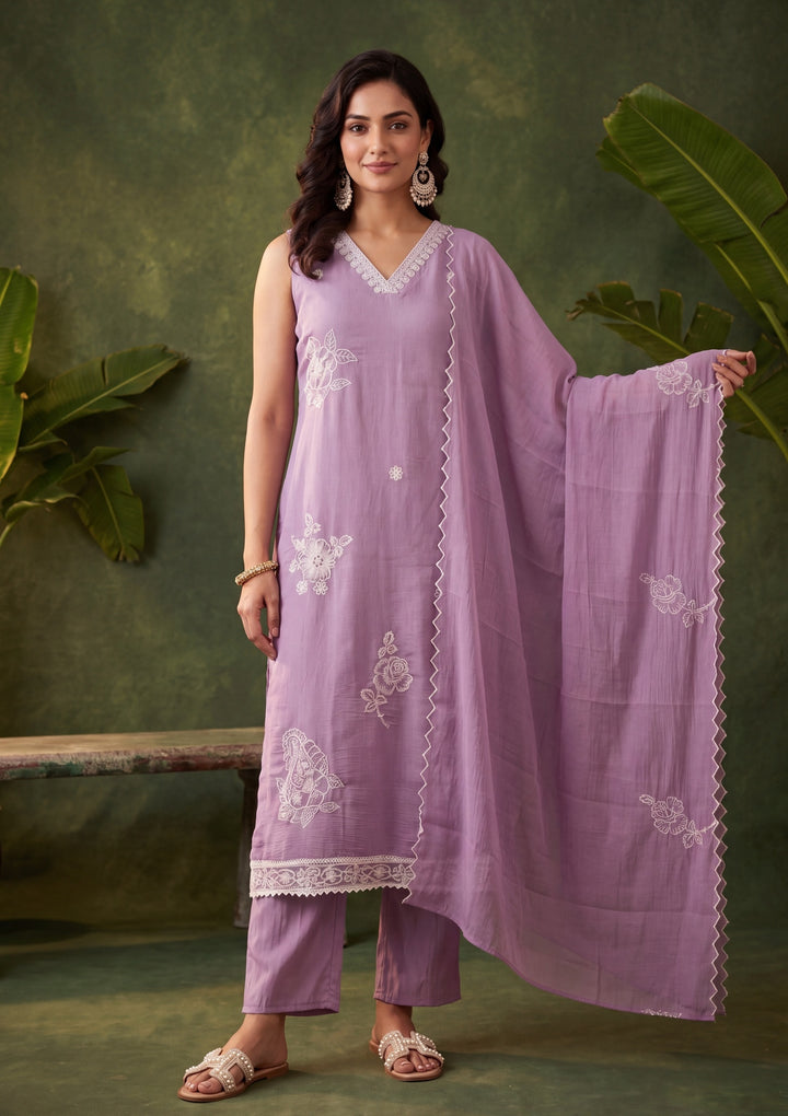 Mauve Threadwork Chanderi Readymade Salwar Suit