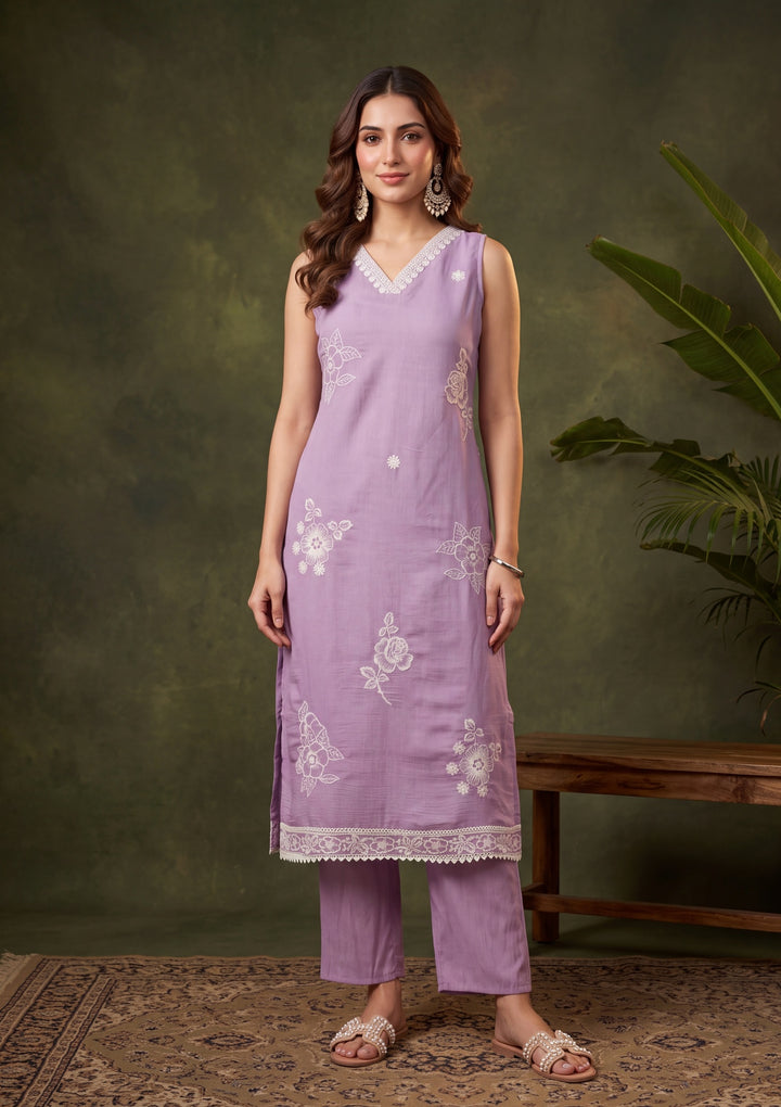 Mauve Threadwork Chanderi Readymade Salwar Suit