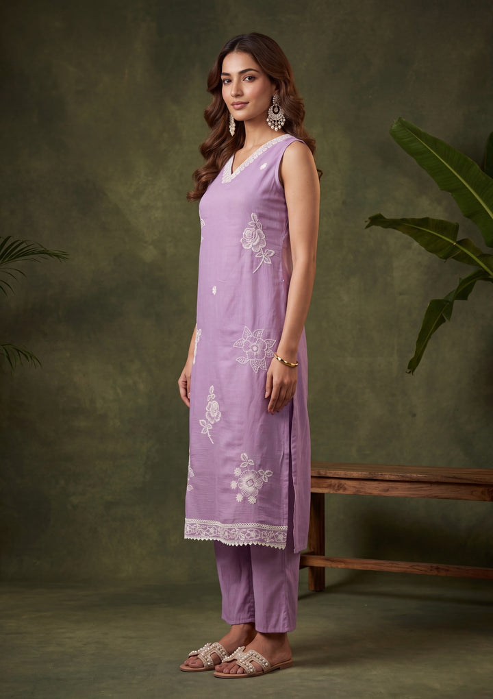 Mauve Threadwork Chanderi Readymade Salwar Suit