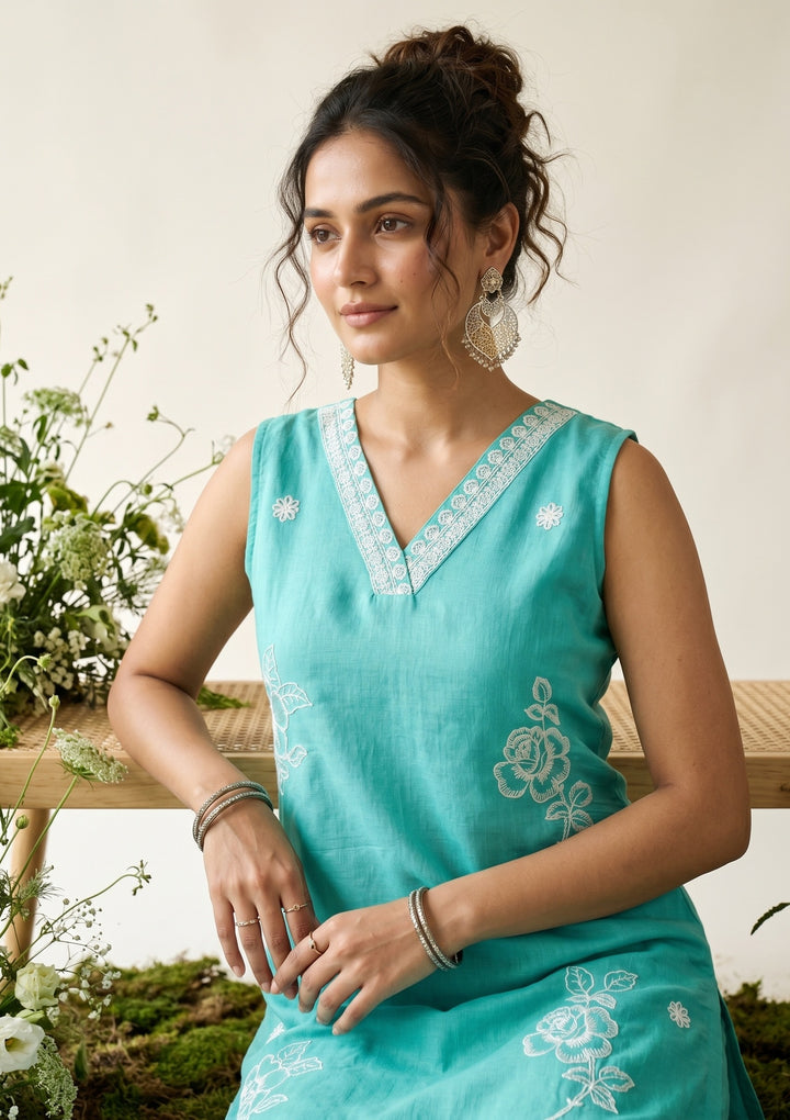 Sea Green Threadwork Chanderi Readymade Salwar Suit