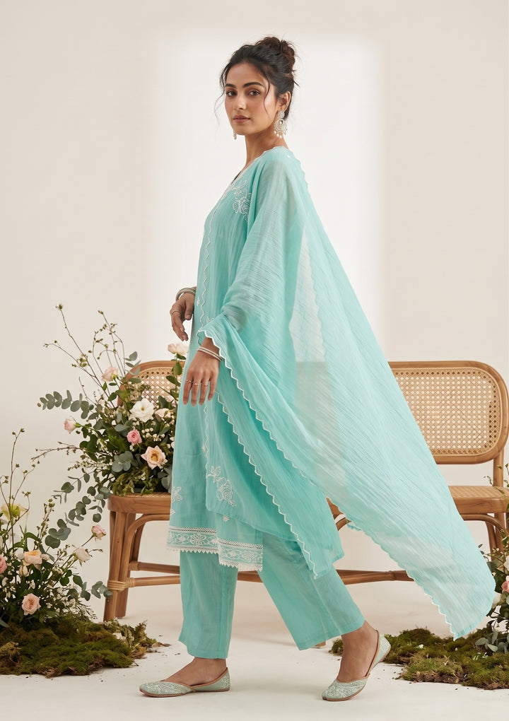 Sea Green Threadwork Chanderi Readymade Salwar Suit