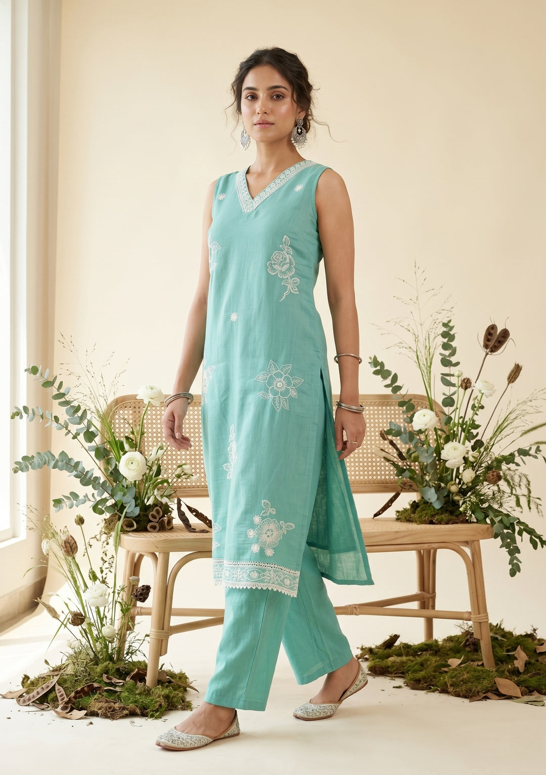 Sea Green Threadwork Chanderi Readymade Salwar Suit