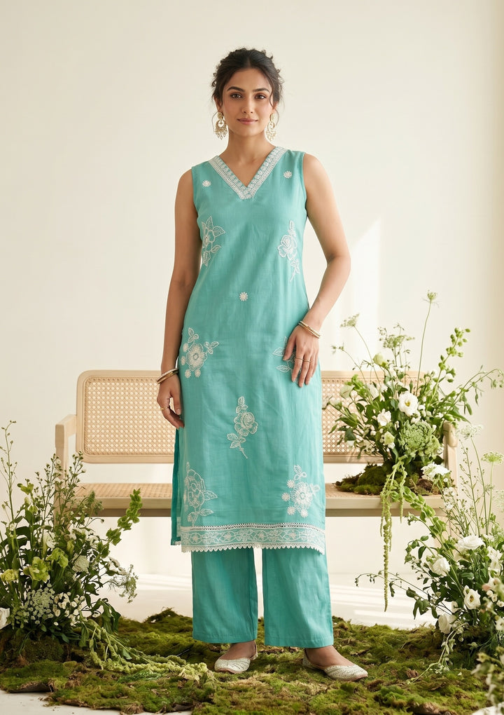 Sea Green Threadwork Chanderi Readymade Salwar Suit