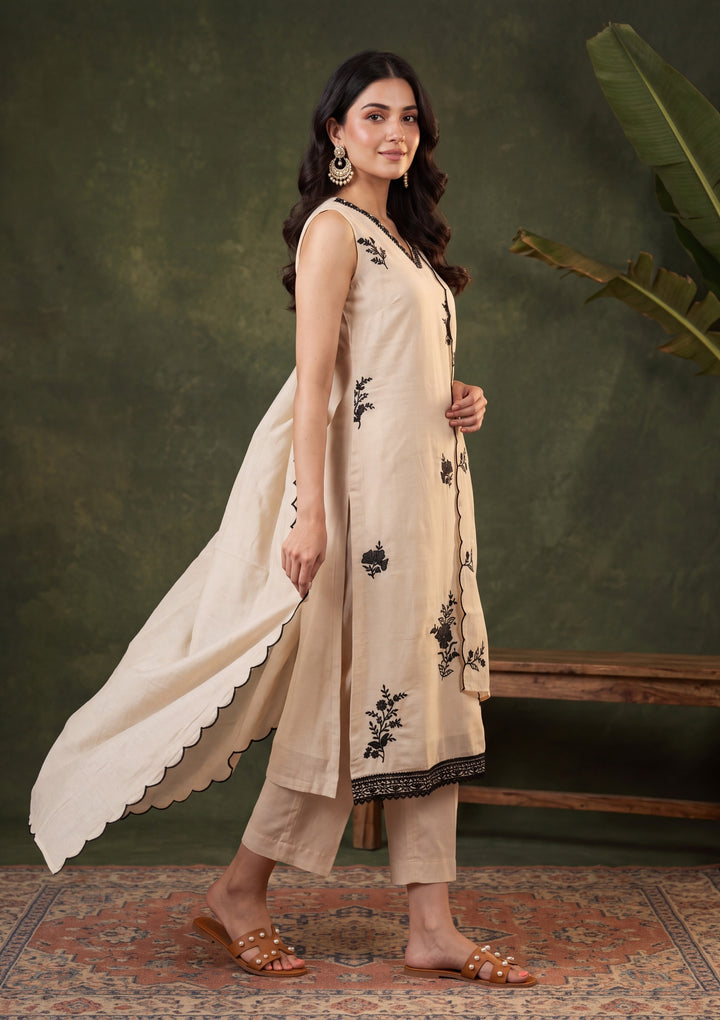 Beige Threadwork Chanderi Readymade Salwar Suit
