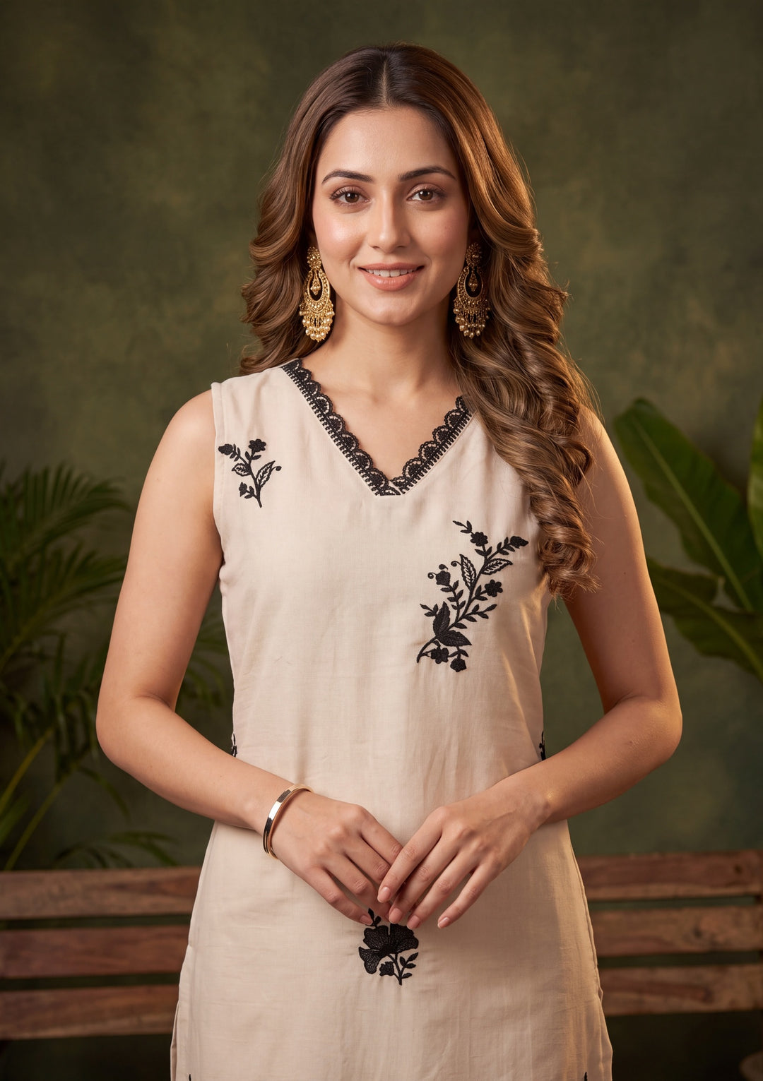 Beige Threadwork Chanderi Readymade Salwar Suit