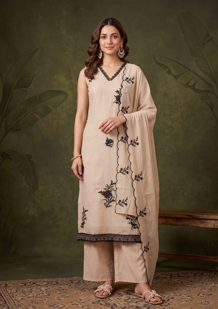 Beige Threadwork Chanderi Readymade Salwar Suit