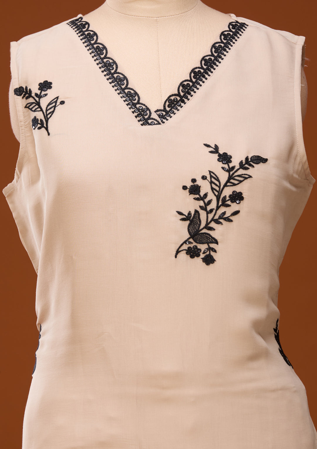 Beige Threadwork Chanderi Readymade Salwar Suit