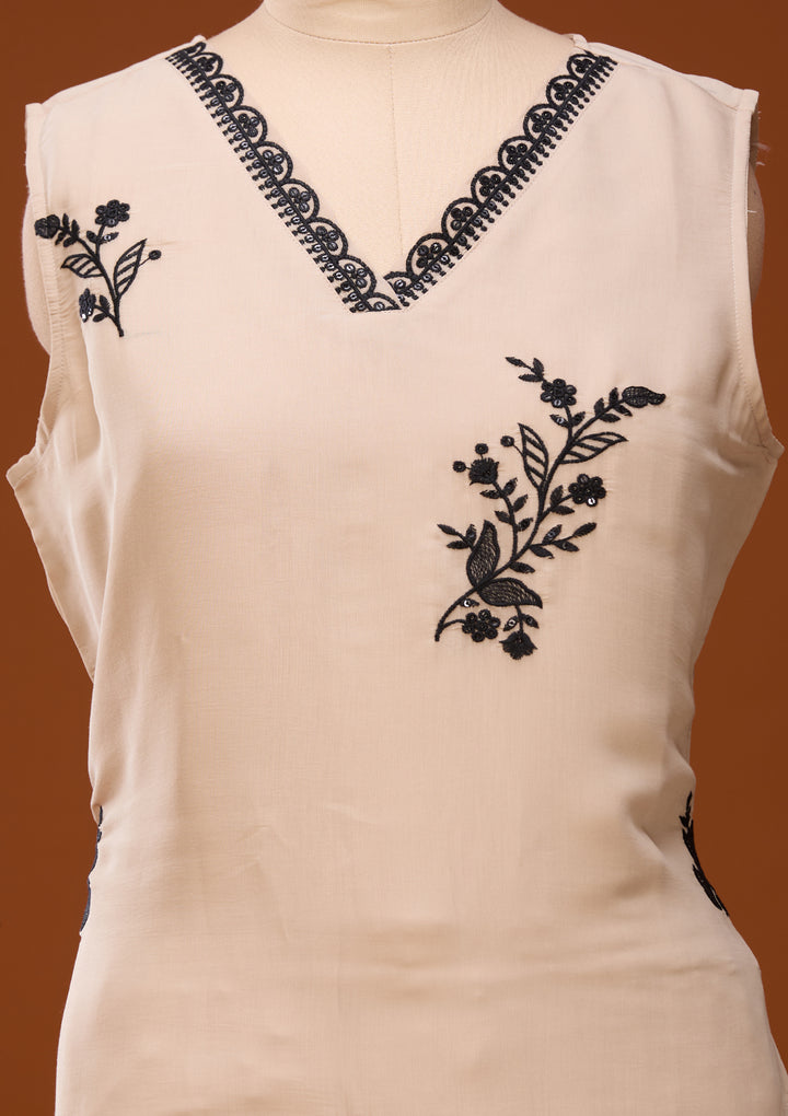 Beige Threadwork Chanderi Readymade Salwar Suit