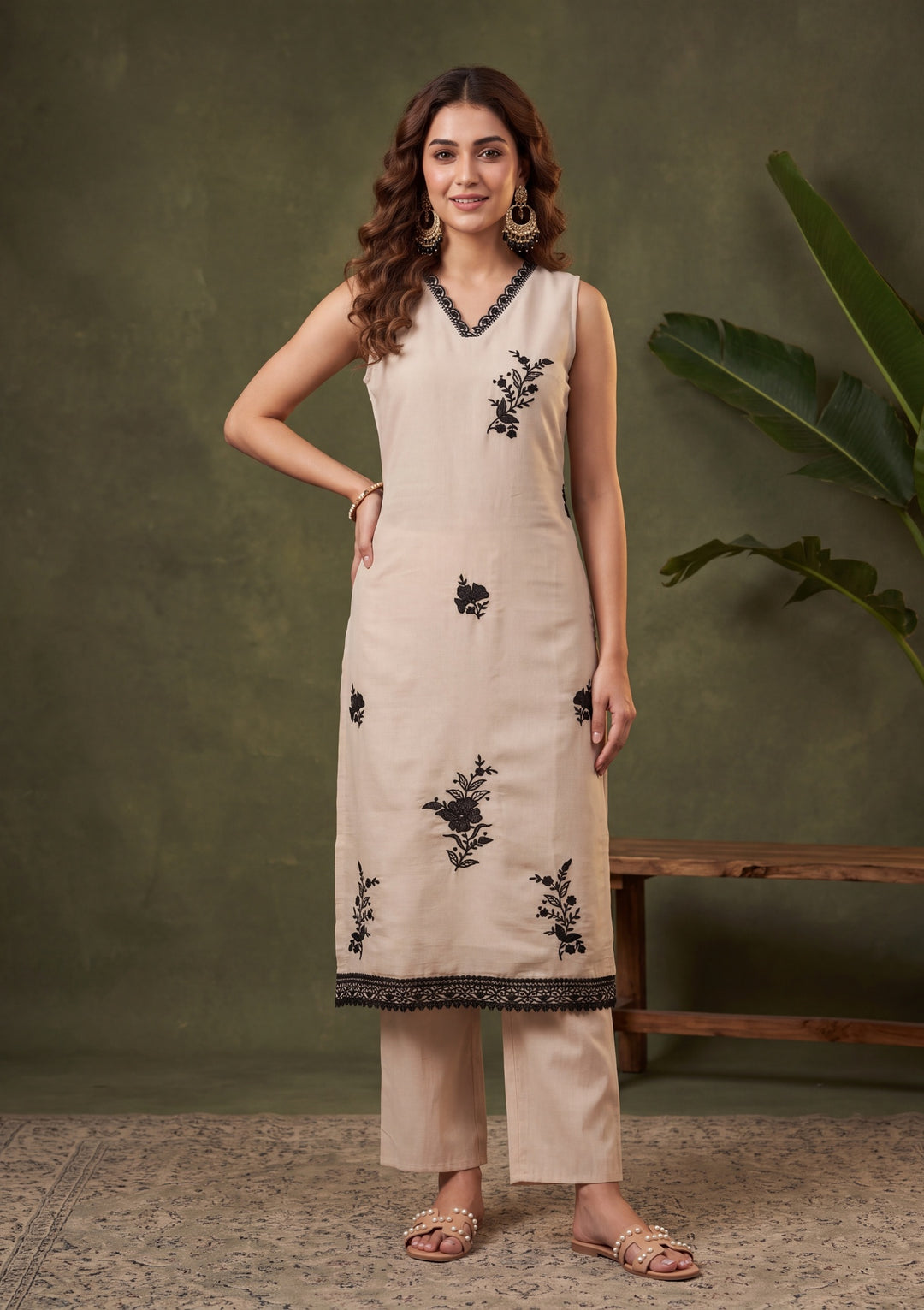 Beige Threadwork Chanderi Readymade Salwar Suit