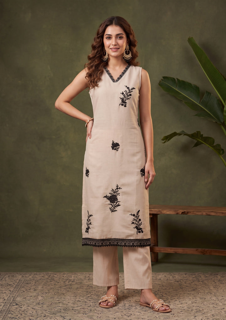 Beige Threadwork Chanderi Readymade Salwar Suit