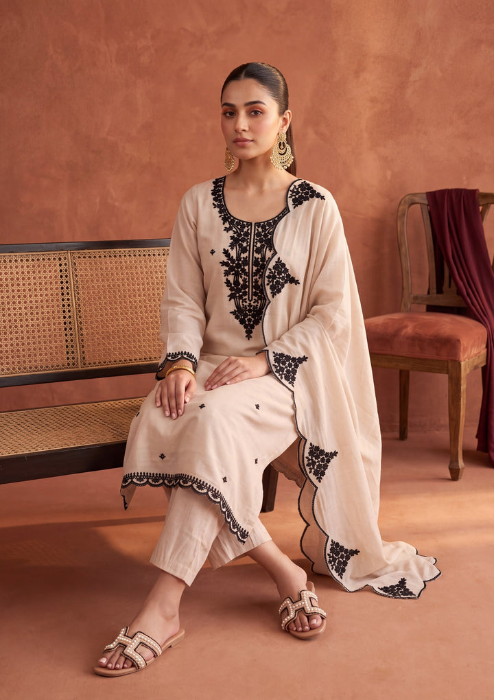 Beige Threadwork Chanderi Readymade Salwar Suit