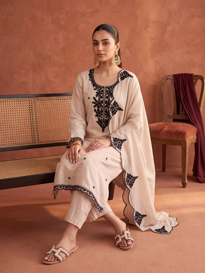 Beige Chanderi Threadwork Straight Kurta With Regular Pant And Dupatta