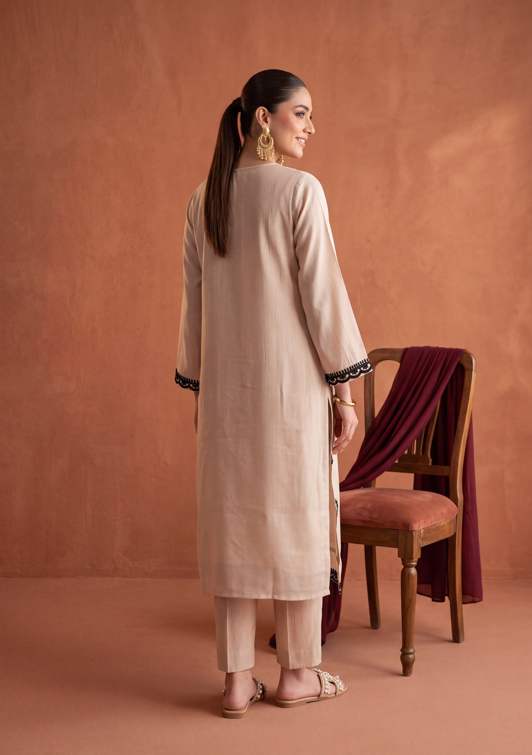 Beige Threadwork Chanderi Readymade Salwar Suit