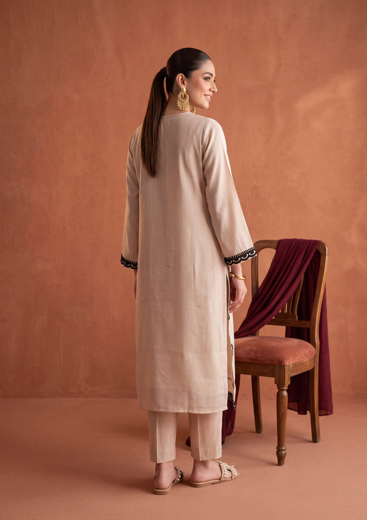 Beige Threadwork Chanderi Readymade Salwar Suit