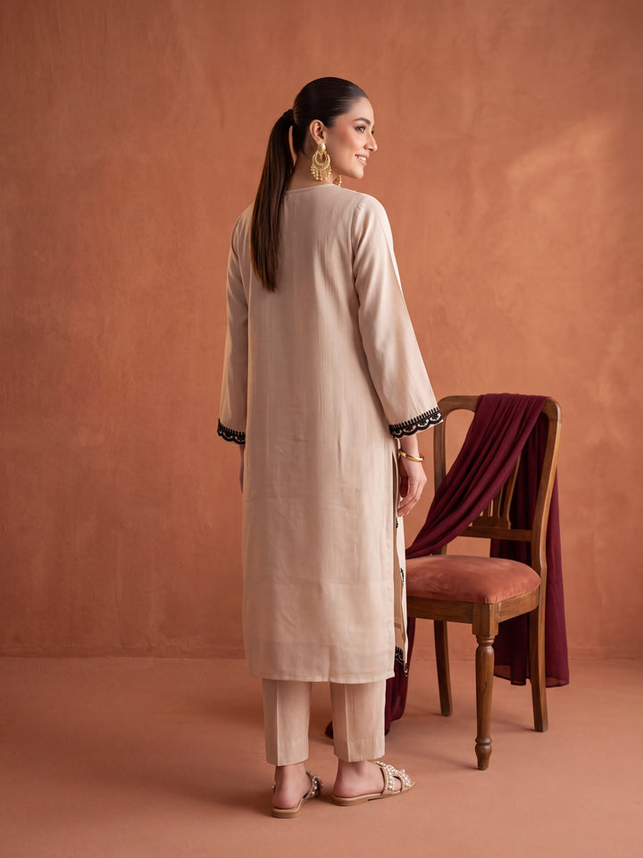 Beige Chanderi Threadwork Straight Kurta With Regular Pant And Dupatta