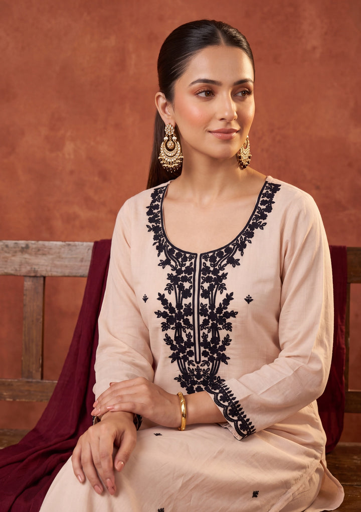 Beige Threadwork Chanderi Readymade Salwar Suit