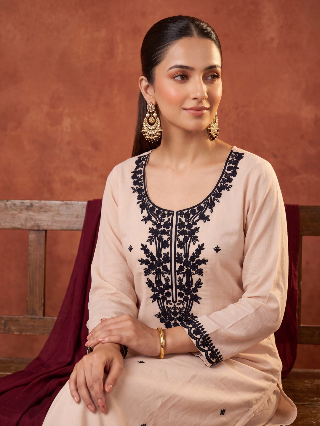 Beige Chanderi Threadwork Straight Kurta With Regular Pant And Dupatta