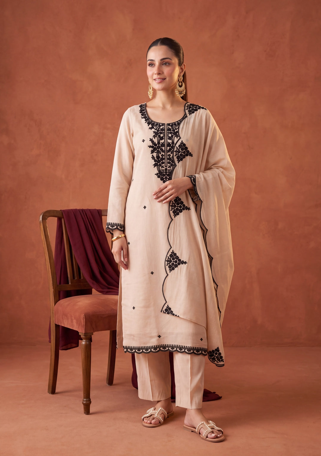 Beige Threadwork Chanderi Readymade Salwar Suit