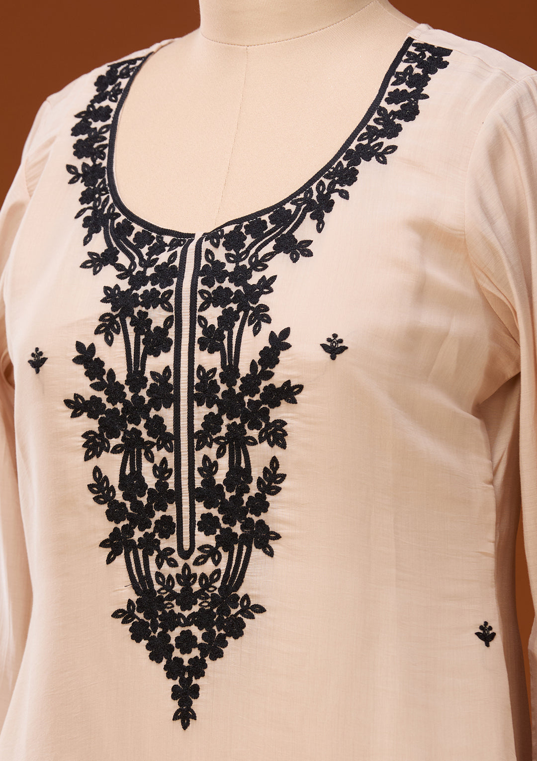 Beige Threadwork Chanderi Readymade Salwar Suit