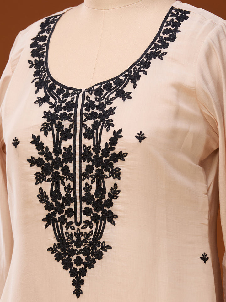 Beige Chanderi Threadwork Straight Kurta With Regular Pant And Dupatta