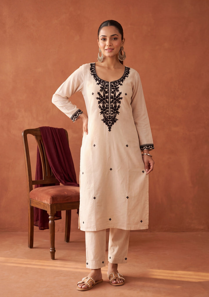 Beige Threadwork Chanderi Readymade Salwar Suit