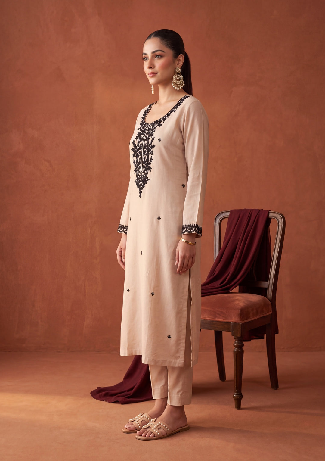 Beige Threadwork Chanderi Readymade Salwar Suit