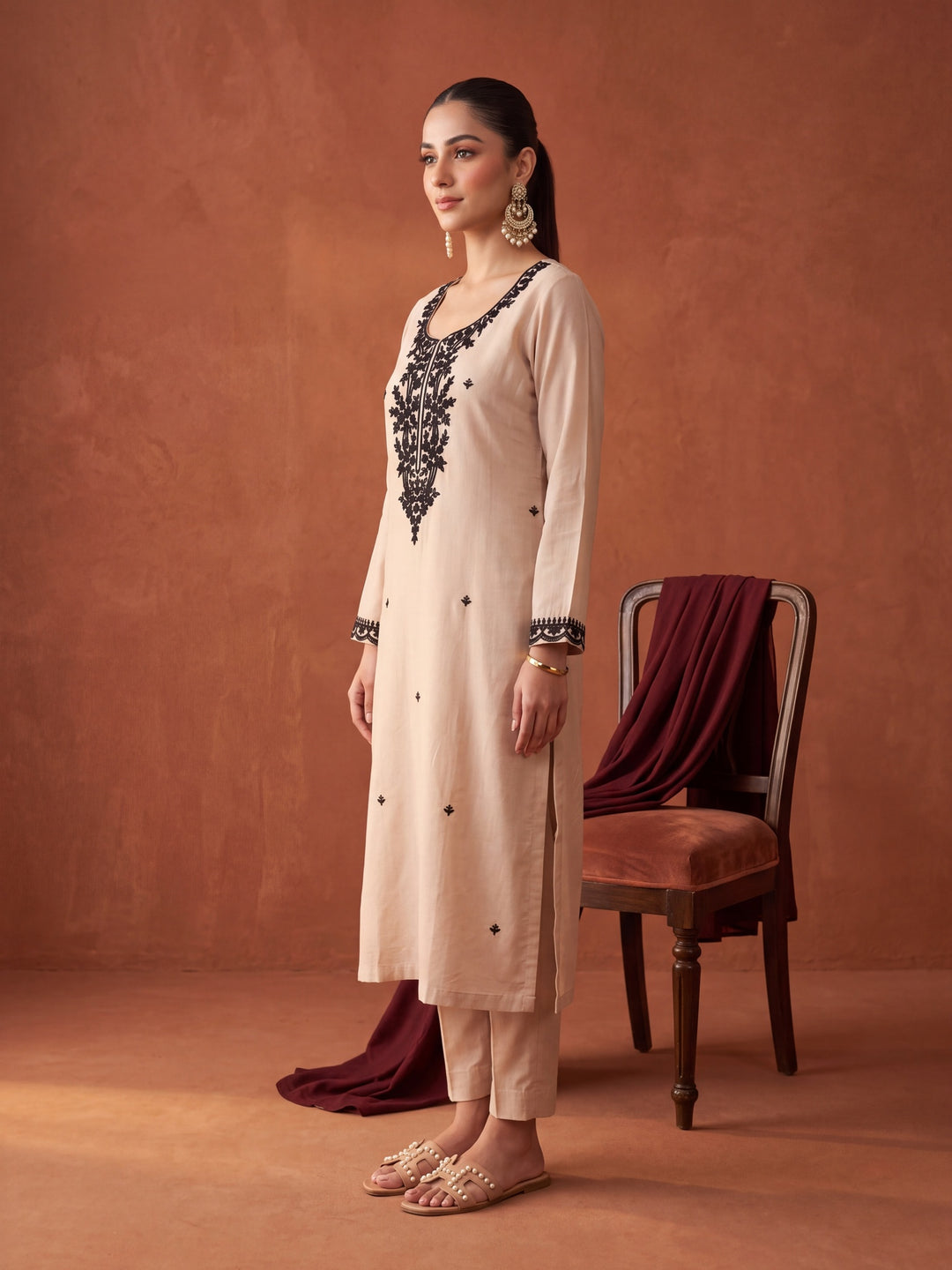 Beige Chanderi Threadwork Straight Kurta With Regular Pant And Dupatta