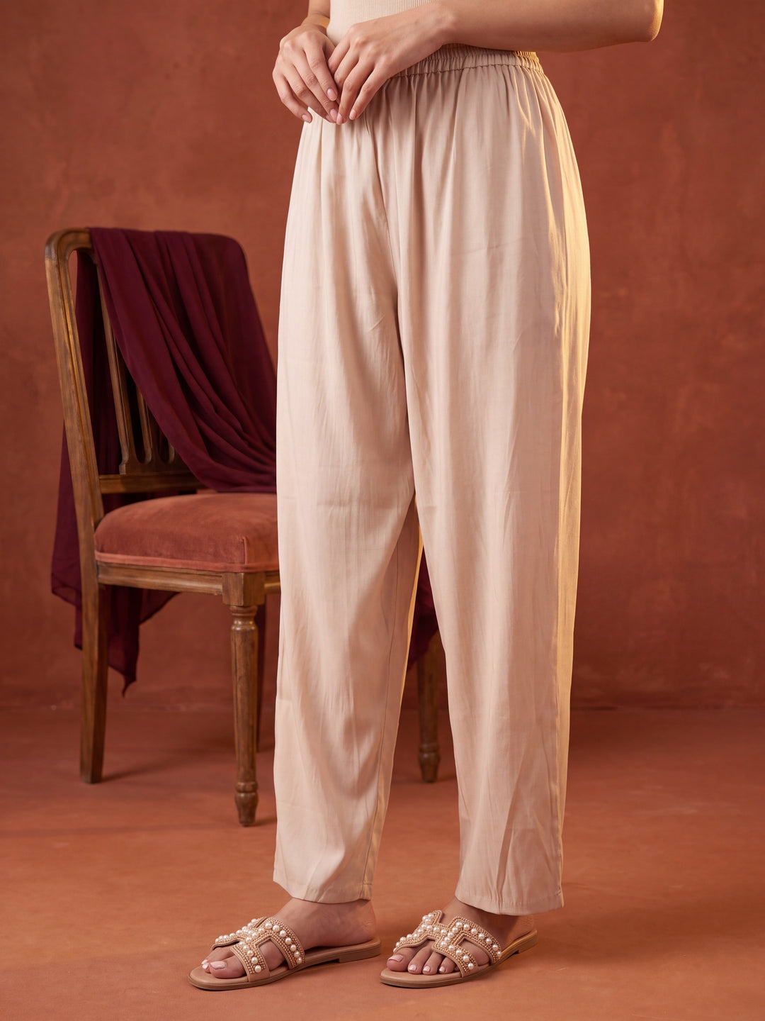 Beige Chanderi Threadwork Straight Kurta With Regular Pant And Dupatta