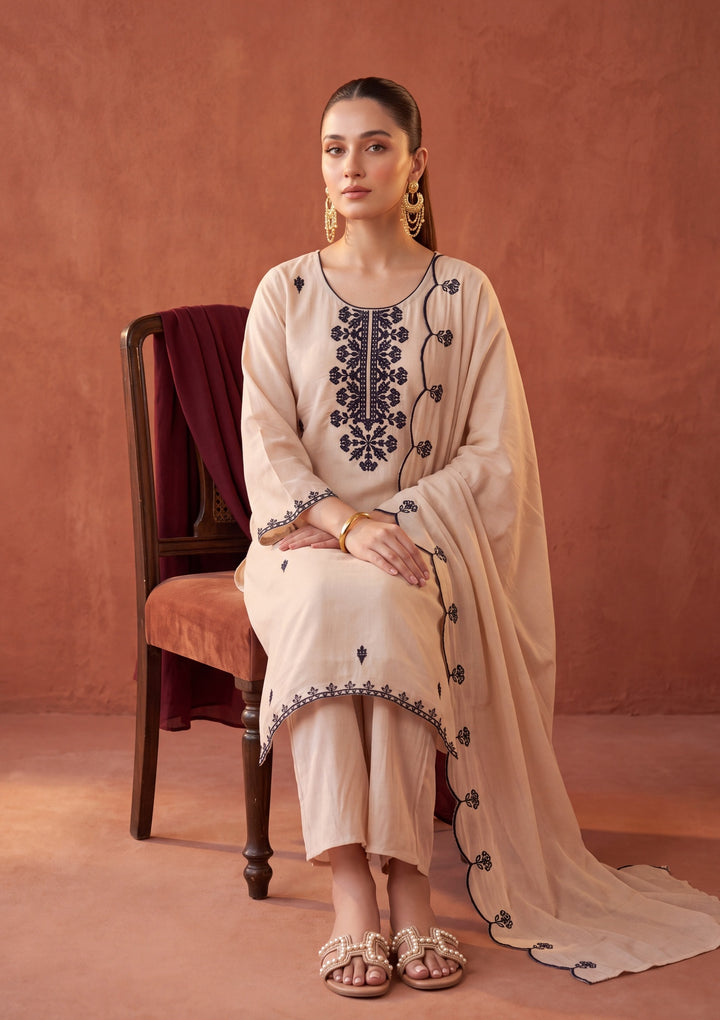 Beige Threadwork Chanderi Readymade Salwar Suit